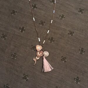 Vintage Pink Heart and Rose Gold Tone Tassel Sweater Necklace